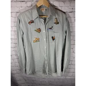 Tia Designs Lake Appliqué Vintage 90s Denim Shirt L Duck Turkey Oxford Green
